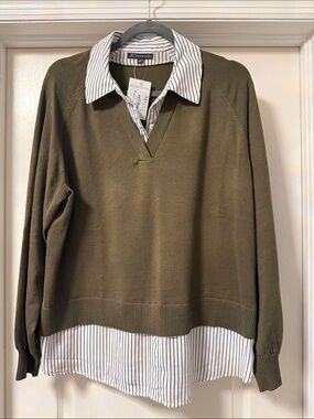Adrianna Papell Olive Layered V-Neck Sweater with Striped Mock Shirt